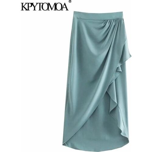 KPYTOMOA Women 2021 Chic Fashion With Slit Draped Ruffle Midi Skirt Vintage High Waist Side Zipper Female Skirts Mujer