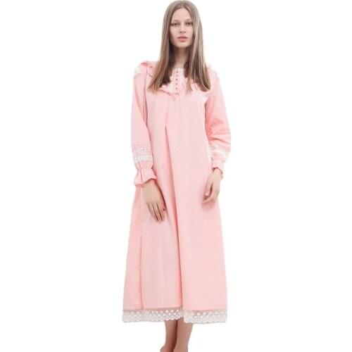 Womens Cotton Nightgown Long Sleeve Pink Vintage Nightdress Female Sleepwear Princess Comfortable For Spring Autumn Lounge