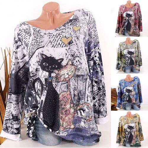Fashion Animal Cat Print Women Shirt Blouse Autumn Casual Long Sleeve Loose Blusas Large Sizes 5xl Long Sleeves O Neck Kimonos