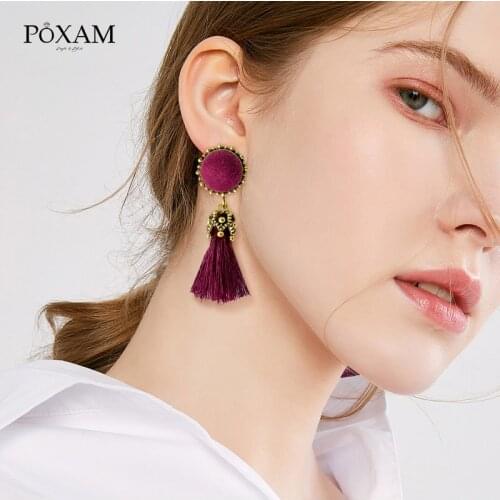 POXAM Bohemian Pompom Tassel Drop Earrings For Women Girls Red Cotton Silk Fabric Fringe Earrings 2019 Fashion Female Jewelry