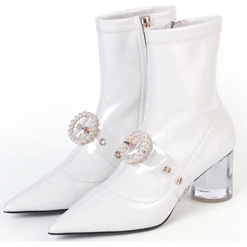 Ladies Ankle Boots Elastic Patent Leather Women Martin Rain Booties Pearl Buckle Pumps Clear PVC Heels Casual Party Shoes