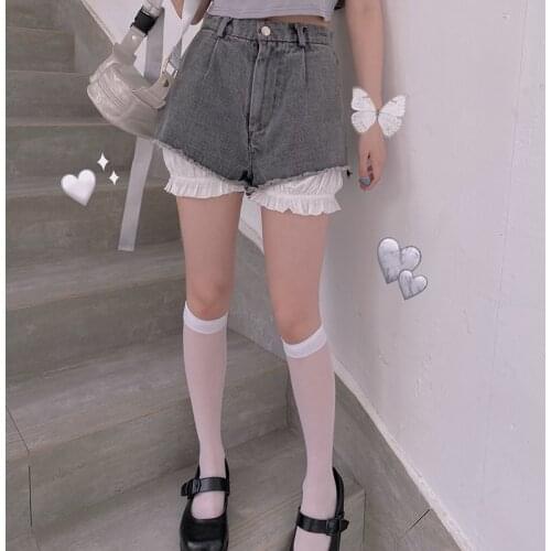 Womens Summer New Loose Harajuku Shorts Girls High waist Fake two pieces Ruffle Straight Shorts Vintag Casual Slim Denim Shorts