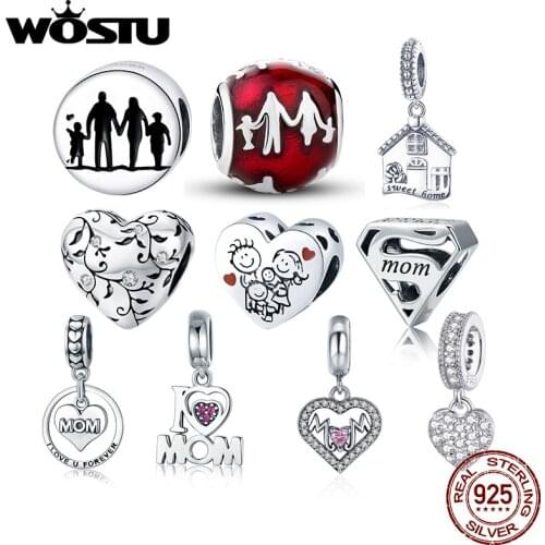 WOSTU Authentic 925 Sterling Silver Hot Sale Family Love Charms Pendant Fit Bracelet Women Party Fashion DIY Jewelry Gift Making