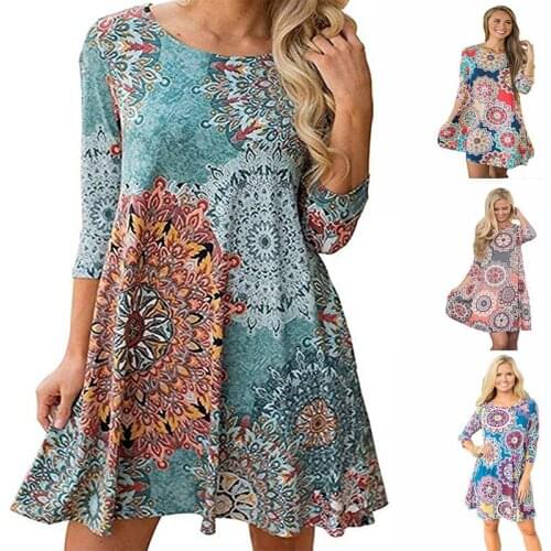 Womens Pocket Quarter Sleeve Dress Summer Cool Sexy Loose Vacation Party Dress Round Neck Soft Breathable Beach Dress