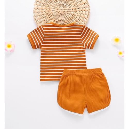 2021 2 Pcs Children Suits Pit Strips Cotton Striped Short Sleeve Two-piece Suit Summer Infants And Young Children Clothing