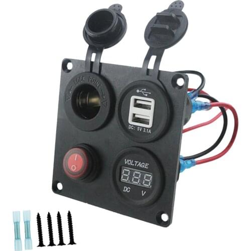 4 Functions Panel Dual USB Charger Red LED Voltmeter Power Outlet ON-OFF Switch