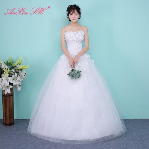 AXJFU princess little flower lace white wedding dress party vintage beading crystal strapless sleeveless ball gown wedding dress