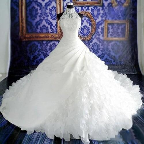 Real Picture White Ball Gown Wedding Dresses Ruffles Applique Lace Chapel Long Train Bridal Gowns High Neck Organza Vestido