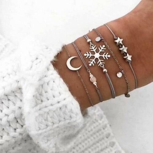 Boho Multilevel Silver Color Geometric Five-pointed Star Snowflake Horns Set Bracelet For Women Vintage Fashion Chain Jewelry