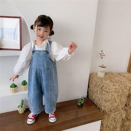 Girl Suspender Pants Spring Kids Children Oversized Wide Leg Denim Overalls Baby Clothes Boys Girls Loose All-match Casual Pants