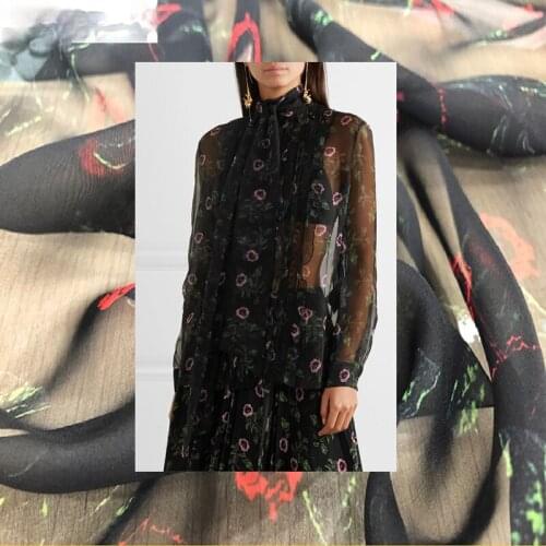 Black Pink Green Chiffon Printed Fabric 100% Polyester Textile Sewing Material Cloth High Fashion Fabric for Dress Transparent