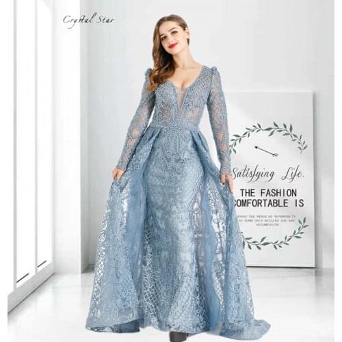 Dubai Muslim Blue Long Luxury Elegant Evening Dresses 2021 Crystal Mermaid Evening Gowns Plus Size HO1052