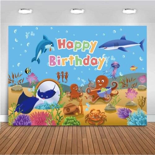 Underwater Cartoon Shark Photography Backdrop Baby Kids Birthday Party Decoration Blue Sea Photo Background Text Customize