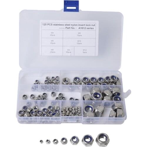 Nylon Insert Hex Lock Nuts, 304 Stainless Steel Lock Nut Assortment Kit for Hardware Accessories Finish Hex 125PCS