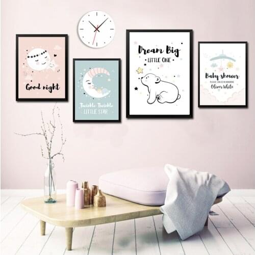 Cartoon Pink Moon Blue Cloud Star Bear Elephant Posters Canvas Painting Prints Child Nursery Wall Picture Kids Room Decoration