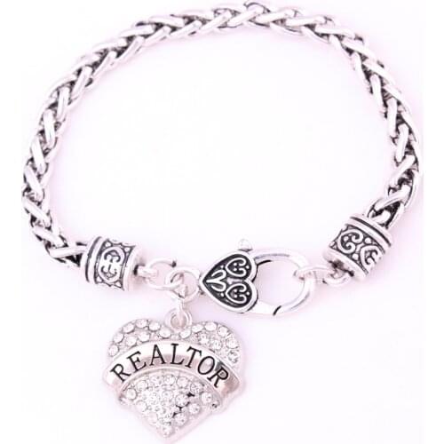 Fashion rhodium plated studded with sparkling crystal REALTOR charm bracelet Lobster-claw-clasps