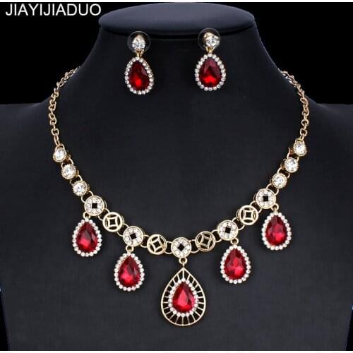Jiayijiaduo Wedding Jewelry Set Red Crystal Gold Color Necklace Earrings Gifts Glamour Womens Accessories Direct