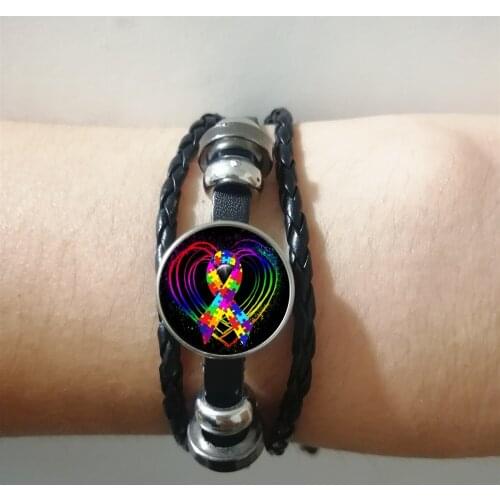 New Fashion Popular Autism Awareness Heart Rope Leather Woven Bracelet Lucky Bracelet