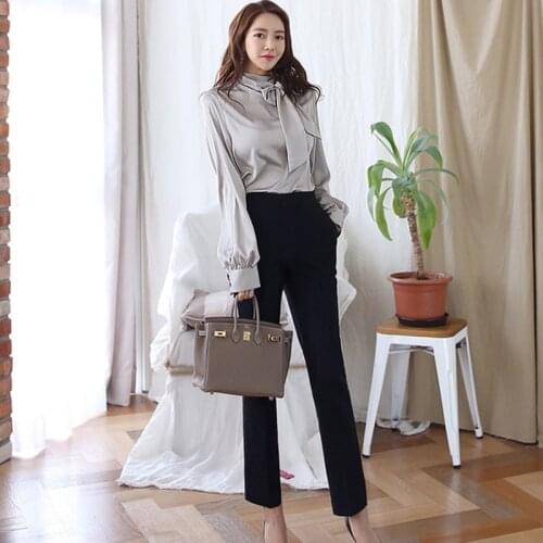 LLZACOOSH 2019 Autumn Office Lady Outfit Ribbon Bow Tie Beading gray Blouse Shirt+Black Suit pants Suit Formal Women 2 Piece Set