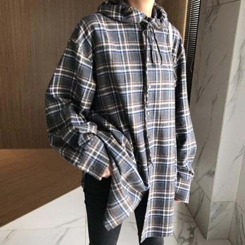 Fall Winter 2019 casual oversize hooded long plaid shirt women