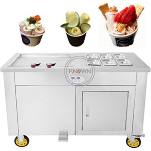 Supply the 45 cm single ice pan machine with 6 cooling tanks of fried ice cream roll machine with refrigerated cabinet