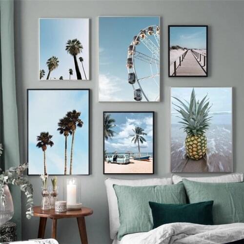 Holiday Seascape Scenery Poster Painting Home Decor Blue Wall Art Canvas Sandy Beach Coconut Tree Picture for Dormitory Design