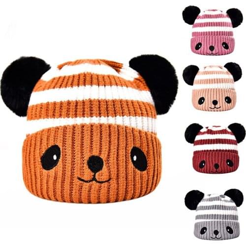 Pudcoco Cute Childrens Winter Hats Double Pompoms Cartoon Panda Warm Comfortable Winter Knitting Beanies Hat for 0-4 Years Kids