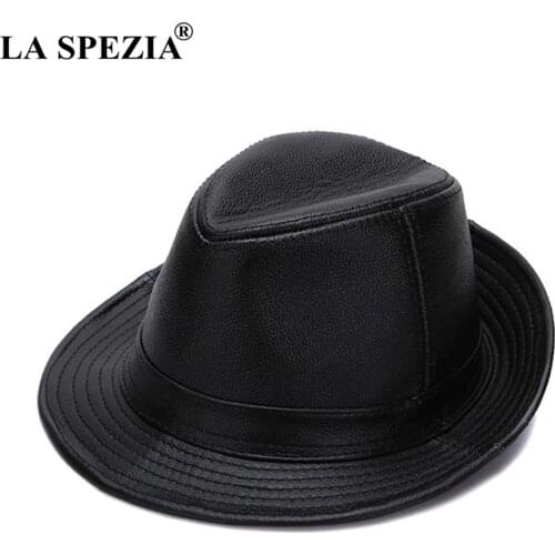 LA SPEZIA Black Fedoras Hats Men Genuine Leather Retro Jazz Caps Gentleman Real Leather Luxury Spring Classic Felt Trilby Hat