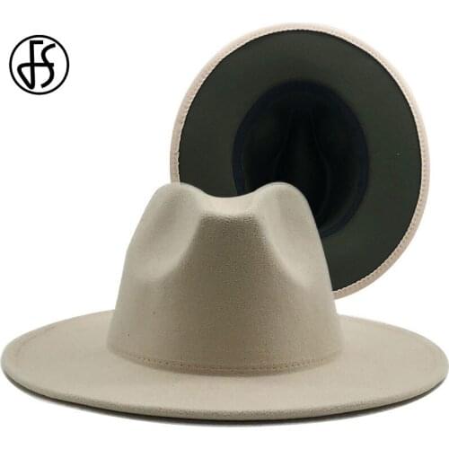 FS Cream Army Green Red Patchwork Wool Felt Jazz Fedora Hats Chapeau Feutre Women Unisex Wide Brim Panama Trilby Cowboy Caps