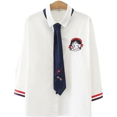 Womens Cotton Top And Blouses Cartoon Embroidery Tie Blouse 2020 Spring Sweet Style Turndown Collar White Shirt MERRY PRETTY