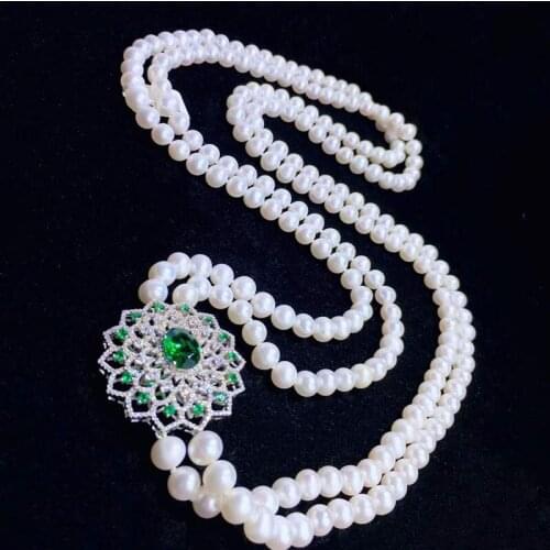2 Rows Natural freshwater White Round Pearl CZ Pendant Necklace For Women Lady Jewlery