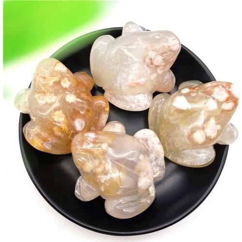 1PC Natural Cherry Blossom Agate Sakura Agate Carved Animals Frog Figurine Healing Feng Shui Home Decor Reiki Gift