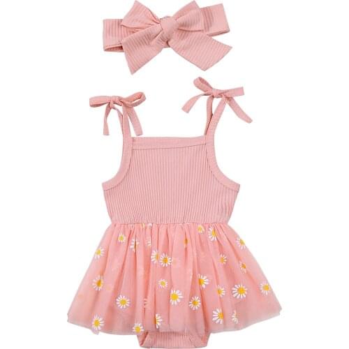 2Pcs Baby Girls Summer Romper Dress Cute Tie Strap Sleeveless Daisy Print Tutu Romper Dresses with Headband Set Clothes