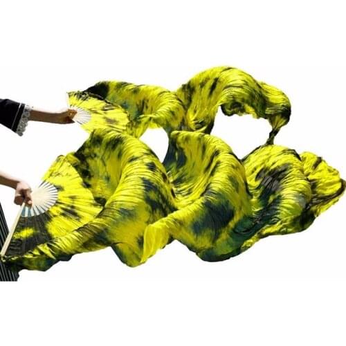 2018 New Arrivals Stage Performance Dance Fans 100% Silk Veils Colored Women Belly Dance Fans yellow + balck mix color (2pcs)