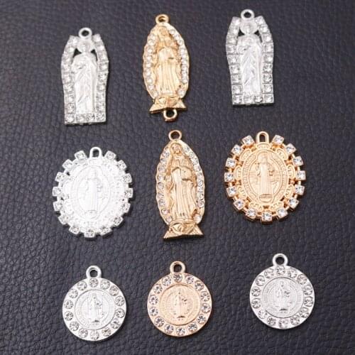 4pcs Handmade Rhinestones Catholic Virgin Mary/Saint Benedict Exorcism Badge Pendant DIY Charm Religious Jewelry Carfts Making