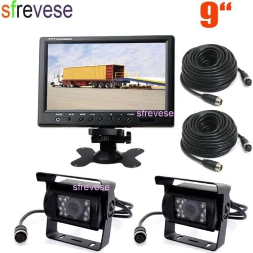 9" Car Vehicle LCD Monitor + 2x 4Pin 18 LED IR Night Vision Parking Backup Reversing Camera Free 15m Cable for Bus Truck