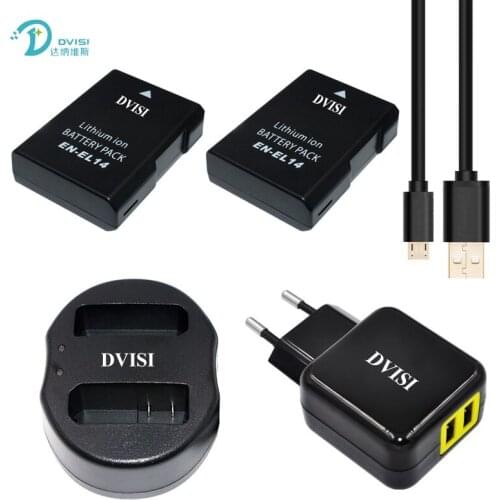 DVISI 2Pcs EN-EL14 EN EL14 Battery with USB Dual Charger + EU/US AC Adapter for Nikon P7800 P7700 D5500 D5300 D5200 D3200 D3300