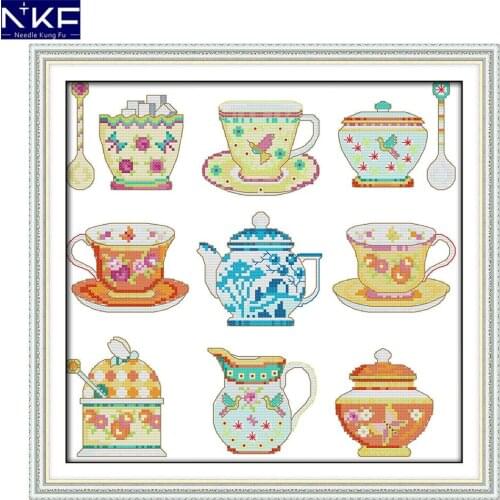 NKF Tea set Embroidery Cross Stitch Kits Needlework Scenery Painting Designs for the Needle Cross Stitch Home Decoration