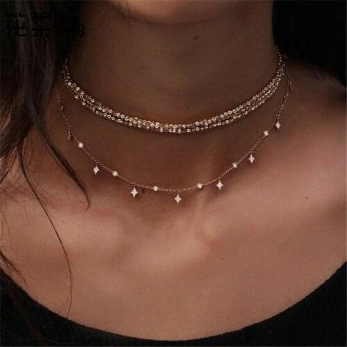 HuaTang Boho Gold Color Chain Crystal Star Necklace Women Multi-layer Choker Pendant Charm Necklaces Jewelry Collares 6655