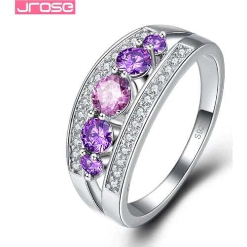 JROSE 2 Colors Fashion New Arrival Wedding Band White Purple Rainbow CZ Silver Color Ring Size 6 7 8 9 Gorgeous Beauty Jewelry