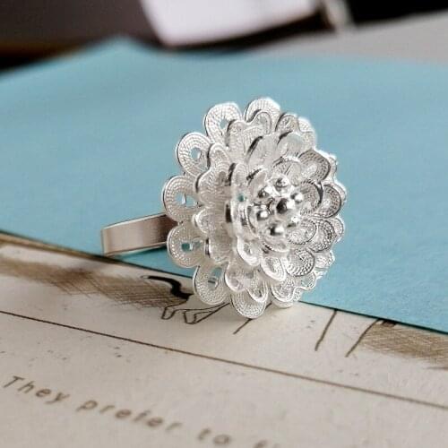 Bastiee Big Flower 999 Sterling Silver Rings For Women Adjustable Ethnic Luxury Brand Jewelry Handmade bague femme moda mujer