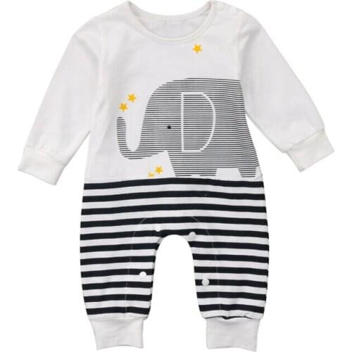 Newborn Baby Boy Girls Elephant Long Sleeve Striped Romper Jumpsuit Outfits Sunsuit Clothes