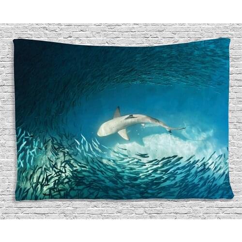 Sea Animals Decor Taapestry Shark and Small Fish in Ocean Wilderness Waterscape Wildlife Nature Theme Picture Wall Hanging