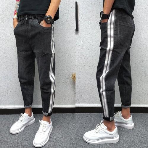 Spring Autumn 2021 new elastic waist teenager Denim jeans mens straight casual pants trousers Korean slim feet harem pants