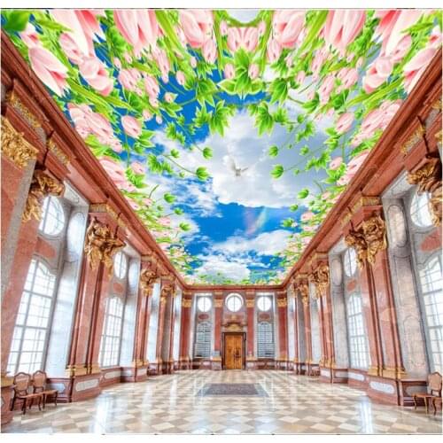 Custom photo 3d ceiling murals wallpaper Non-woven Flowers, the blue sky white clouds painting room wallpaper for walls 3 d