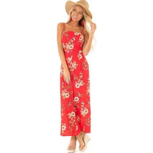 QRWR 2020 Summer Floral Print Boho Jumpsuit Women Sexy Backless Lace Up Jumpsuit Chiffon Spaghetti Straight Full Women Jumpsuit