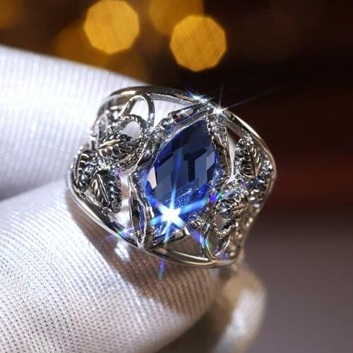 Luxury Female Blue Leaf Crystal Ring Charm Silver Color Big Wedding Rings For Women Trendy Hollow Flower Zircon Engagement Ring