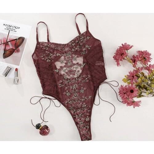 Sexy bodysuit lace embroidery straps one-piece perspective temptation one-piece nightdress suit spot female underwear set