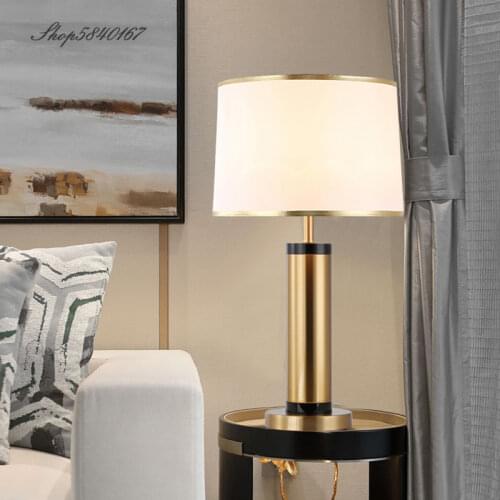 Modern Copper Table Lamp Nordic Beside Lamp for Bedroom Living Room Foyer Decoration Study Desk Light Fabric Lampshade E27 Light