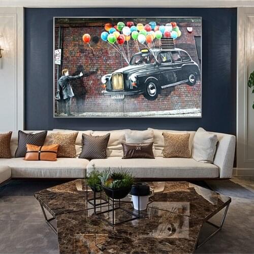 Street Graffiti Art Canvas Painting Car Flying with Balloon Art Wall Posters and Prints Artwork Picture for Living Room Decor